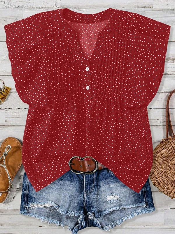 Princess sleeve V-neck polka dot loose button pleated top
